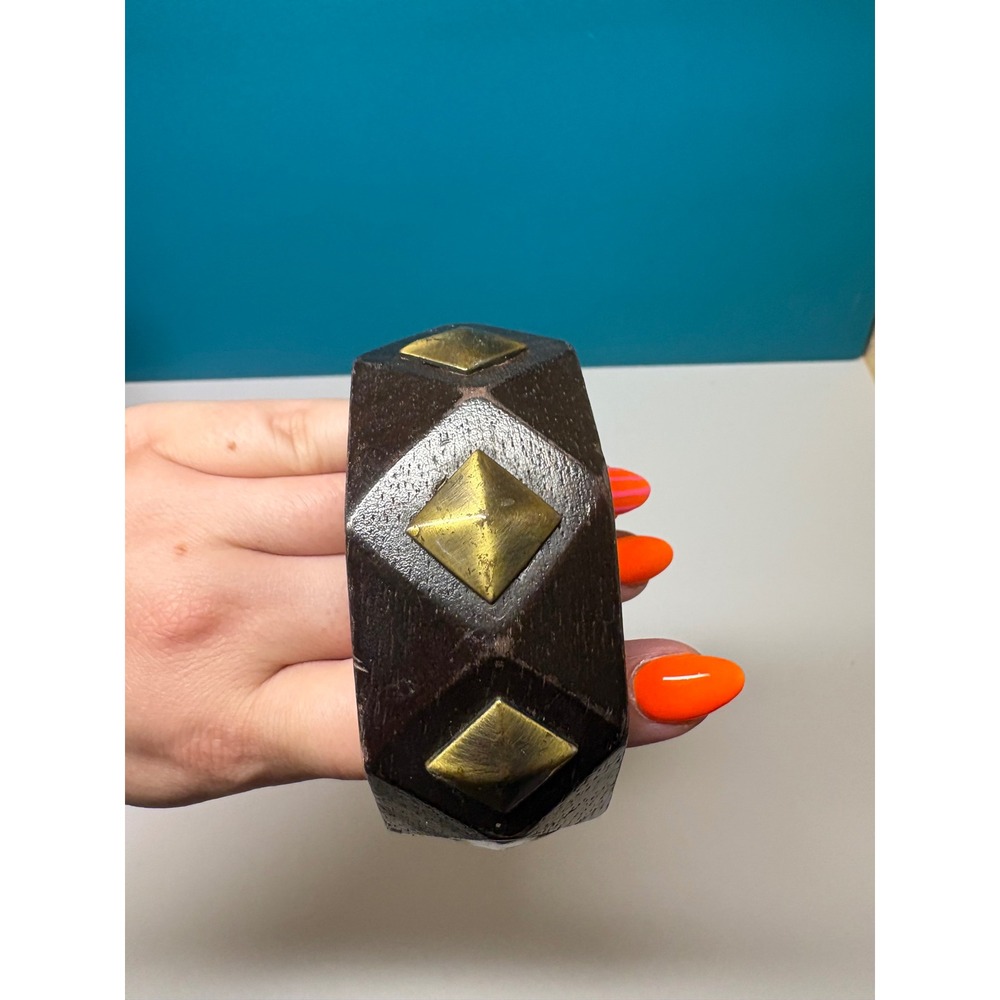 Vintage Chunky Wood Bangle Bracelet Dark Brown Octagon Brass Pyramid Studded